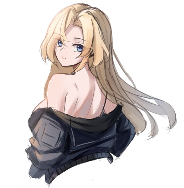 1girl bare_back bare_shoulders black_jacket blonde_hair blue_eyes bomber_jacket cropped_torso dimos_(dawn_1945) hornet_(kancolle) jacket kantai_collection looking_at_viewer looking_back simple_background solo upper_body white_background