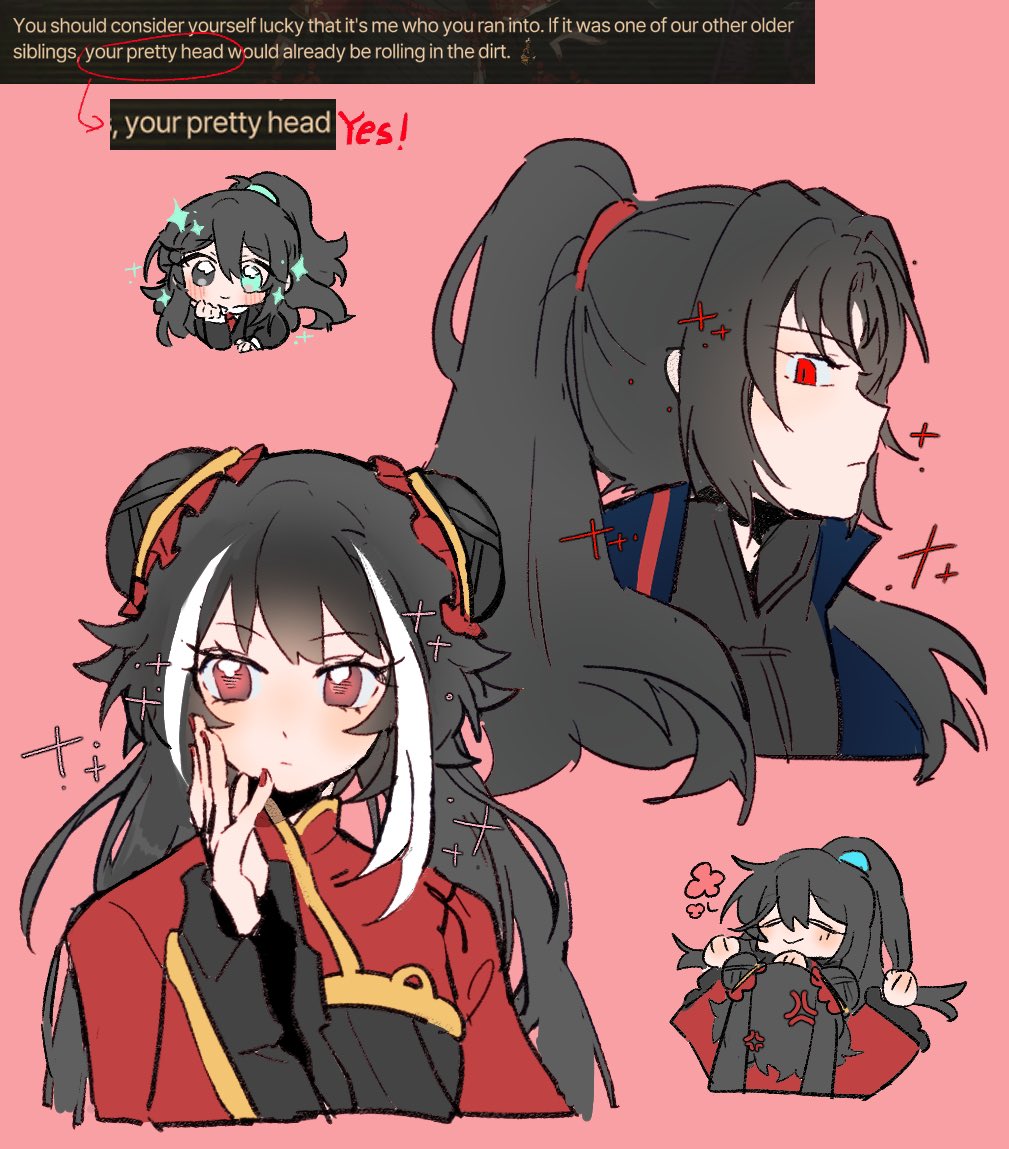 1girl 2boys anger_vein black_eyes black_hair blue_coat blue_eyes brother_and_sister brothers chinese_commentary closed_eyes coat commentary cropped_torso double_bun expressionless grabbing_another&#039;s_hair hair_bun hand_on_own_face hand_up headpat heterochromia hong_lu_(project_moon) jia_huan_(project_moon) jia_xichun_(project_moon) limbus_company multicolored_hair multiple_boys pink_background pink_eyes ponytail project_moon red_eyes red_nails red_sleeves screenshot_inset siblings simple_background smile sparkle streaked_hair twintails wide_sleeves yixixiy