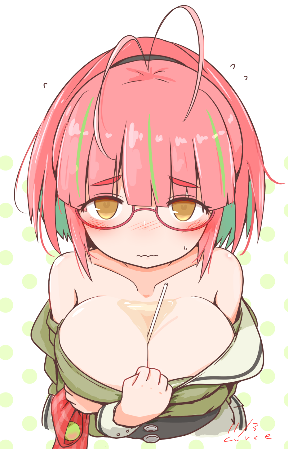 1girl ahoge breasts bust_cup curse_(023) drinking_straw glasses green_hair green_shirt grey_sailor_collar highres juliet_sleeves kantai_collection large_breasts long_sleeves multicolored_hair pink-framed_eyewear pink_hair ponytail puffy_sleeves sailor_collar sailor_shirt school_uniform shirt short_hair solo streaked_hair ume_(kancolle) yellow_eyes