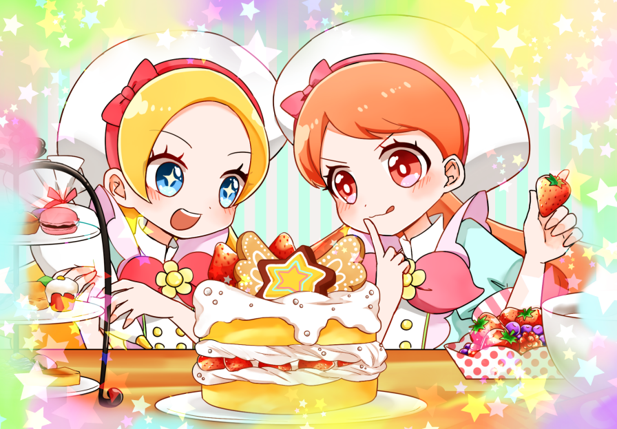 +_+ 2girls :3 :q aihira_(aihira12) apron aqua_background aqua_dress bare_arms battle beret blonde_hair blue_eyes bow bowl bright_pupils brooch brown_eyes brown_hair buttons cake closed_mouth collared_shirt dot_nose dress eyelashes finger_to_mouth flower flower_brooch food fruit grey_background hat hat_bow high_collar holding holding_food holding_fruit holding_pasteur_pipette jewelry kirahoshi_ciel kirakira_patisserie_uniform kirakira_precure_a_la_mode light_blush long_hair looking_at_food macaron multiple_girls open_mouth pasteur_pipette pink_apron pink_bow plate precure puffy_short_sleeves puffy_sleeves shirt shirt_under_dress short_sleeves smile sparkling_eyes star_(symbol) strawberry strawberry_shortcake striped_background table tareme teeth tongue tongue_out two-tone_background upper_body upper_teeth_only usami_ichika v-shaped_eyebrows vertical-striped_background very_long_hair wavy_hair white_hat white_pupils white_shirt yellow_flower