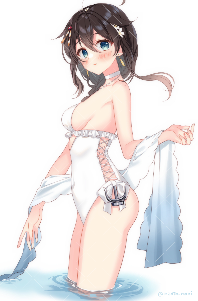 ahoge black_hair blue_eyes braid casual_one-piece_swimsuit choker commentary_request cosplay earrings flower frilled_one-piece_swimsuit frills hair_flaps hair_flower hair_ornament hair_over_shoulder hairband halterneck highleg highleg_one-piece_swimsuit highres jewelry kantai_collection long_hair naoto_(tulip) one-piece_swimsuit sagiri_(kancolle) sagiri_(kancolle)_(cosplay) sagiri_(swimsuit)_(kancolle) shawl shigure_(kancolle) shigure_kai_san_(kancolle) side-tie_swimsuit simple_background single_braid standing swimsuit wading water watermark watermark_grid white_background white_choker white_one-piece_swimsuit white_shawl