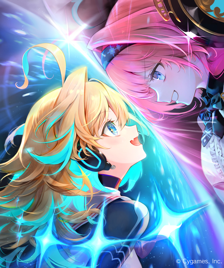2girls ahoge android battle blonde_hair blue_eyes blue_hair commentary_request company_name fang floating_headgear hair_intakes headgear kouyafu lishenna_(shadowverse) looking_at_another multicolored_hair multiple_girls official_art pink_hair ralmia_(shadowverse) shadowverse smile two-tone_hair