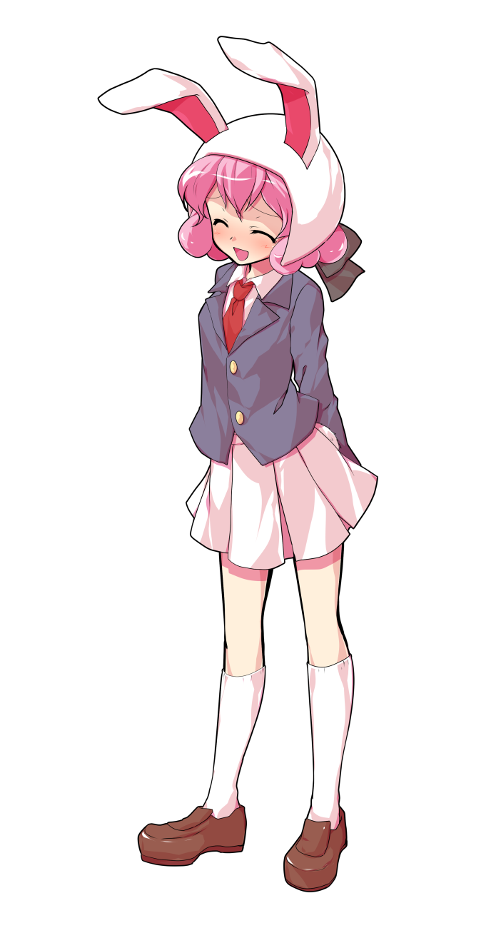 1girl :d ^_^ animal_ears arms_behind_back black_jacket brown_shoes closed_eyes collared_shirt commentary_request dairi ears_through_hood full_body furrowed_brow highres hood hood_up jacket kneehighs large_variant_set loafers long_sleeves moon_rabbit_extra_(touhou) necktie open_mouth pink_hair pleated_skirt rabbit_ears red_necktie shirt shoes short_hair skirt smile socks solo standing tachi-e touhou transparent_background variant_set white_shirt white_skirt white_socks