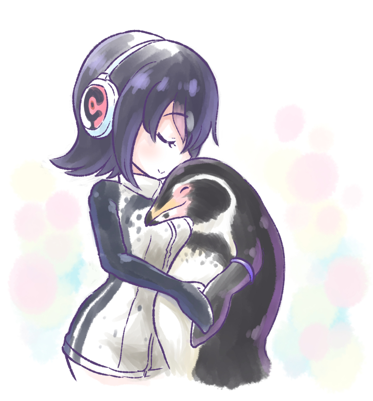 bird black_hair closed_eyes closed_mouth from_side grape-kun headphones hug humboldt_penguin humboldt_penguin_(kemono_friends) kemono_friends kotobuki_(tiny_life) penguin short_hair smile