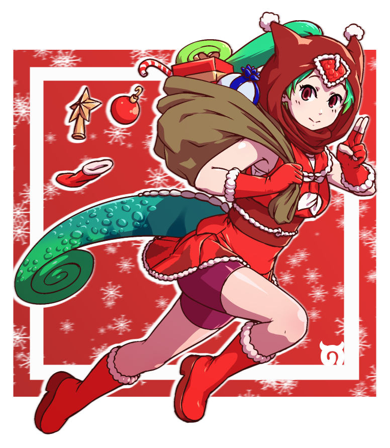 1girl acesrulez adapted_costume bare_shoulders bike_shorts blush boots christmas color_switch fur_trim gift_bag gloves green_hair high_ponytail hood hoodie kemono_friends lizard_tail looking_at_viewer ninja panther_chameleon_(kemono_friends) pleated_skirt ponytail red_boots red_eyes red_gloves red_skirt reptile_girl santa_costume shorts shorts_under_skirt skirt sleeveless solo tail white_fur