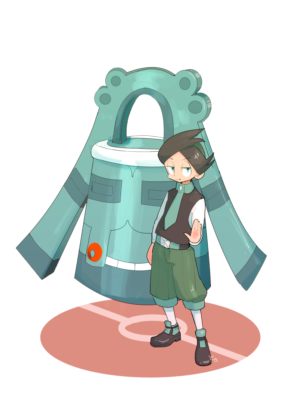 1boy belt black_footwear blue_eyes blue_necktie bronzong brown_hair full_body gen_4_pokemon green_shorts half-closed_eyes highres licking_lips lipton_yellow male_focus necktie nintendo pokemon pokemon_(creature) pokemon_dppt pokemon_platinum shirt short_hair shorts socks thorton_(pokemon) tongue tongue_out vest white_shirt white_socks