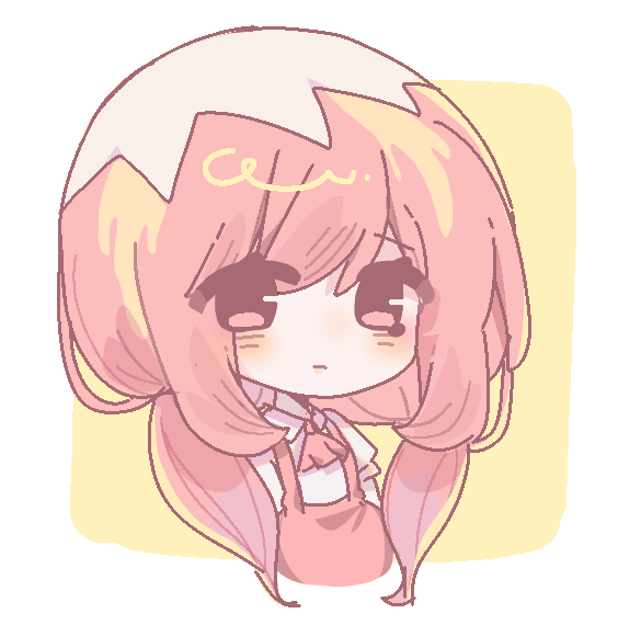 1girl arms_at_sides big_hair border chibi chibi_only chinese_commentary collared_shirt commentary_request cropped_torso eggshell_hat fulanaichixiaohai hair_between_eyes imigo_no_tamago_(vocaloid) kaai_yuki long_hair looking_at_viewer low_twintails no_nose no_pupils outside_border red_eyes red_hair red_skirt shirt simple_background skirt solo suspender_skirt suspenders twintails vocaloid white_border white_shirt yellow_background