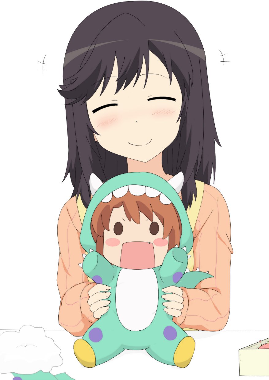 +++ 1girl black_hair brown_hair character_doll closed_eyes closed_mouth commentary_request doll fang gobanme_no_mayoi_neko highres holding holding_doll ichijou_hotaru koshigaya_komari light_blush long_hair long_sleeves non_non_biyori open_mouth simple_background smile solid_oval_eyes upper_body white_background