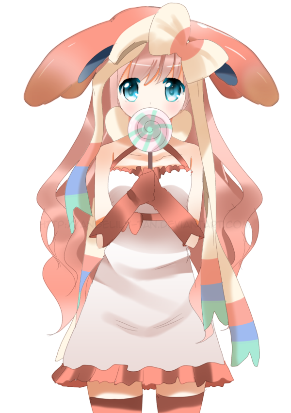 10s 1girl angeliclily blue_eyes candy dress female_focus food gen_6_pokemon lollipop nintendo personification pokemon pokemon_xy simple_background solo sylveon tagme