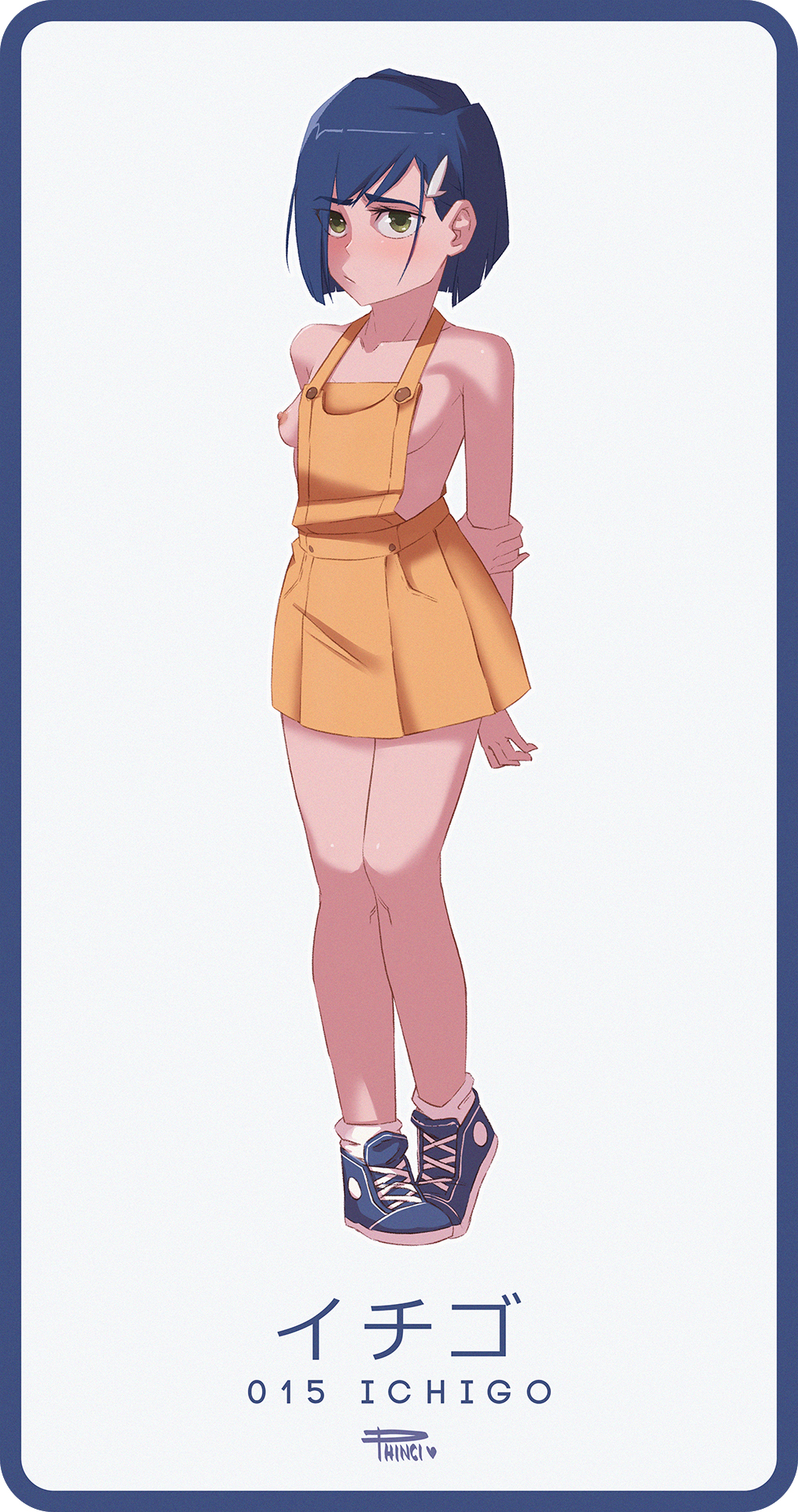 1girl ankle_socks arms_behind_back artist_name asymmetrical_hair blue_border blue_hair blue_shoes blunt_ends blush bob_cut border breasts casual character_name closed_mouth collarbone commentary darling_in_the_franxx dress embarrassed english_commentary full_body furrowed_brow green_eyes hair_ornament hair_over_one_eye hairclip high_tops highres holding_own_arm ichigo_(darling_in_the_franxx) looking_at_viewer nervous nipples no_shirt one_breast_out phinci pigeon-toed pinafore_dress pleated_dress pursed_lips shoes short_hair shy sideboob signature simple_background sleeveless sleeveless_dress small_breasts sneakers socks solo standing swept_bangs variant_set white_background white_socks yellow_dress