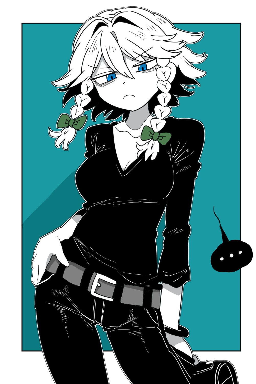 ... 1girl belt black_pants black_skirt blue_hair bollzzalguy bow bracelet braid breasts colored_skin green_background green_bow hair_between_eyes highres izayoi_sakuya jewelry looking_at_viewer medium_breasts pants skirt solo touhou twin_braids white_background white_hair white_skin
