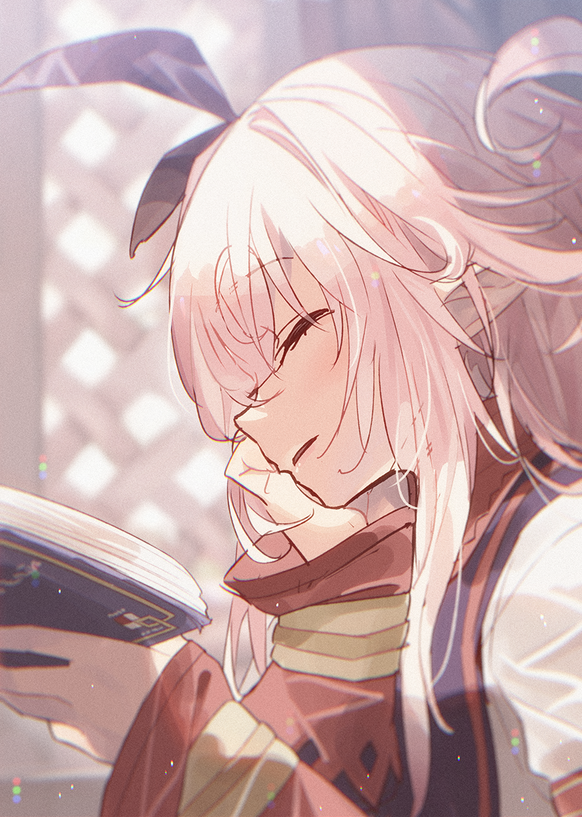1girl blurry blurry_background blush book closed_eyes collared_shirt commentary_request depth_of_field elf female_focus hair_ribbon hand_on_own_cheek hand_on_own_face heavy_lens_flare holding holding_book lens_flare light_blush light_smile long_sleeves narumi_arata open_book original pointy_ears portrait recri_(narumi_arata) ribbon shirt solo white_hair