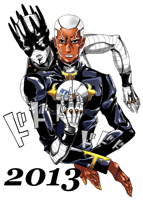 2013 2boys cassock cd crown dark-skinned_male dark_skin dodododo enrico_pucci holding_cd hrmsknk jojo_no_kimyou_na_bouken male_focus multiple_boys nengajou new_year stand_(jojo) white_hair white_lips whitesnake_(stand)