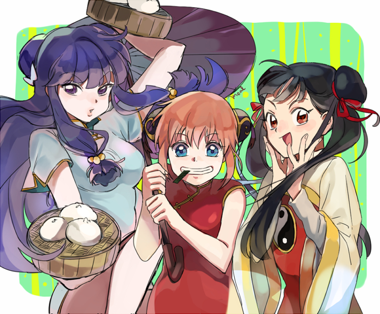 3girls bad_id bad_twitter_id black_hair blue_dress blue_eyes bow cardcaptor_sakura chinese_clothes crossover double_bun dress dumpling food gintama hair_bow hair_bun holding holding_umbrella kagura_(gintama) li_meiling mameal369 multiple_girls open_mouth orange_hair purple_eyes purple_hair ranma_1/2 red_dress shampoo_(ranma_1/2) sidelocks signature smile twintails umbrella white_bow wide_sleeves yin_yang yin_yang_print