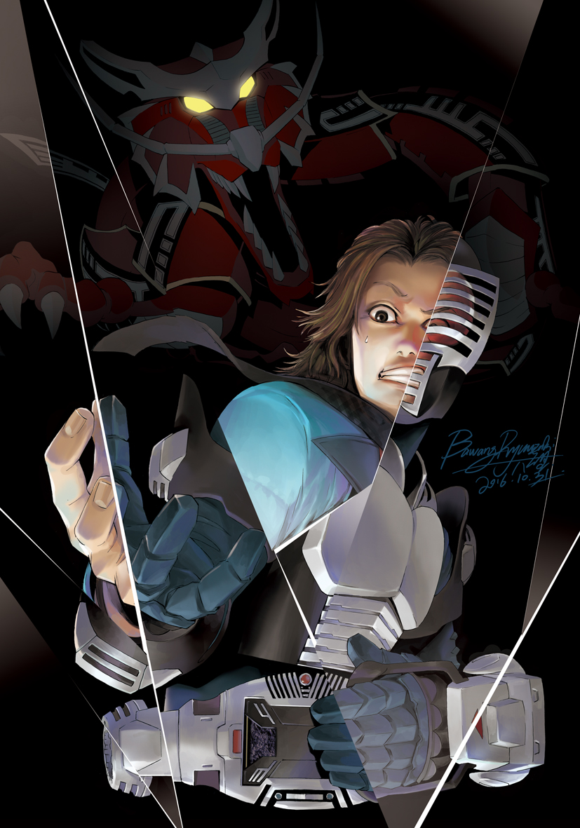 1boy armor artist_name bawang-ryuuzaki blue_jacket brown_hair contract_monster dated dragon dragreder glass glowing glowing_eyes jacket kamen_rider kamen_rider_ryuki kamen_rider_ryuki_(series) kidou_shinji male_focus tokusatsu v_buckle