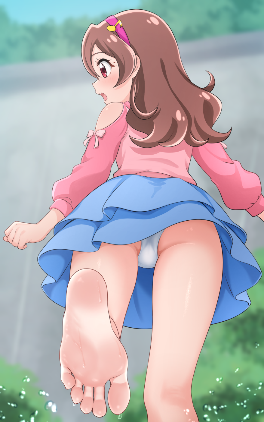 1girl barefoot brown_hair feet foot_focus hairband highres hinosaki kimi_to_idol_precure light_blush long_hair open_mouth panties pantyshot precure red_eyes sakura_uta_(precure) soles toes underwear