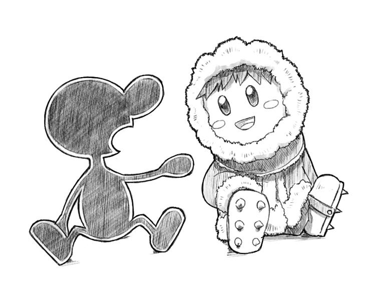 1boy blush_stickers boots coat commentary_request crosshatching fur-trimmed_coat fur-trimmed_sleeves fur_trim greyscale hand_on_own_leg hatching_(texture) hood hood_up hooded_coat ice_climber ice_shoes long_sleeves looking_at_another male_focus monochrome mr._game_&amp;_watch naru_(wish_field) nintendo open_mouth outstretched_arm popo_(ice_climber) shadow short_hair simple_background sitting smile solid_oval_eyes super_smash_bros. talking white_background