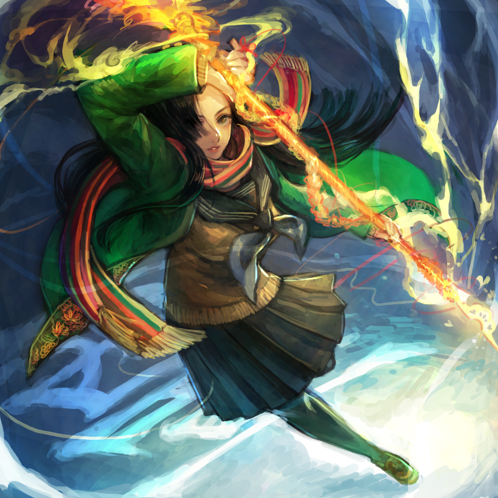 1girl akaneko_(redakanekocat) black_eyes black_hair black_skirt blunt_tresses brown_car car commentary_request floating_clothes floating_hair glowing glowing_weapon green_hair hair_over_one_eye holding holding_polearm holding_weapon loafers looking_at_viewer motor_vehicle neckerchief one_eye_covered original parted_lips pink_lips polearm scarf shoes skirt solo standing standing_on_one_leg string string_of_fate striped_clothes striped_scarf touran-sai weapon