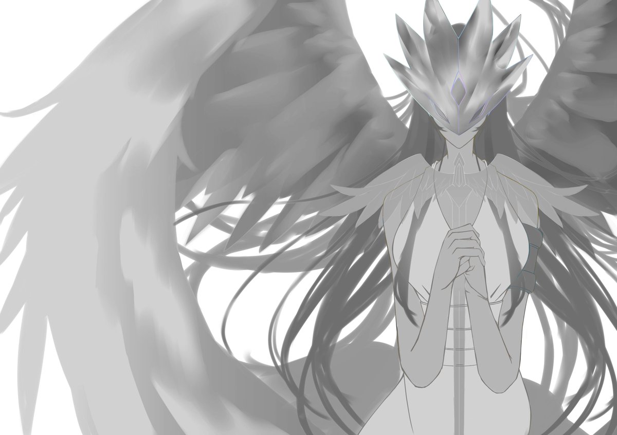 1girl breasts digimon digimon_xros_wars female_focus goddess_(digimon_xros_wars) long_hair mask medium_breasts monochrome solo wings