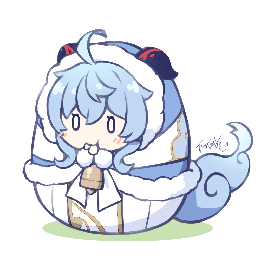 0_0 1girl :t ahoge blue_capelet blue_hair blush capelet closed_mouth colored_shadow commentary_request eating eating_flower flower full_body fur-trimmed_capelet fur-trimmed_hood fur_trim ganyu_(genshin_impact) ganyu_(young)_(genshin_impact) genshin_impact hair_between_eyes hood hood_up hooded_capelet horns langbazi shadow signature simple_background solo tail white_background