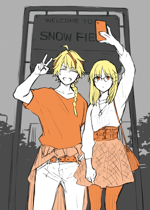 1boy 1girl ^_^ bag belt blonde_hair braid casual cellphone closed_eyes clothes_around_waist contemporary fate/strange_fake fate_(series) glasses handbag isshoku_(shiki) jacket jacket_around_waist limited_palette medium_hair open_mouth orange_eyes orange_theme phone richard_i_(fate) sajou_ayaka_(fate/prototype) sajou_ayaka_(fate/strange_fake) selfie sign single_braid skirt smartphone smile taking_picture v