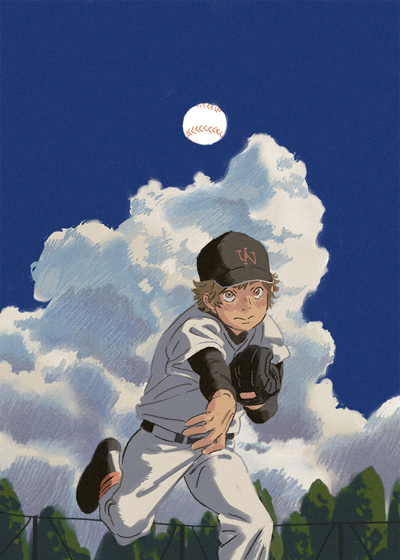 1boy amber389 baseball baseball_cap baseball_glove black_shoes black_sleeves blue_sky brown_eyes brown_hair cape chinese_commentary closed_mouth cloud cumulonimbus_cloud day hat heel_up looking_up male_focus original outdoors pants shirt shoes short_hair short_sleeves sky solo standing standing_on_one_leg tree white_pants white_shirt