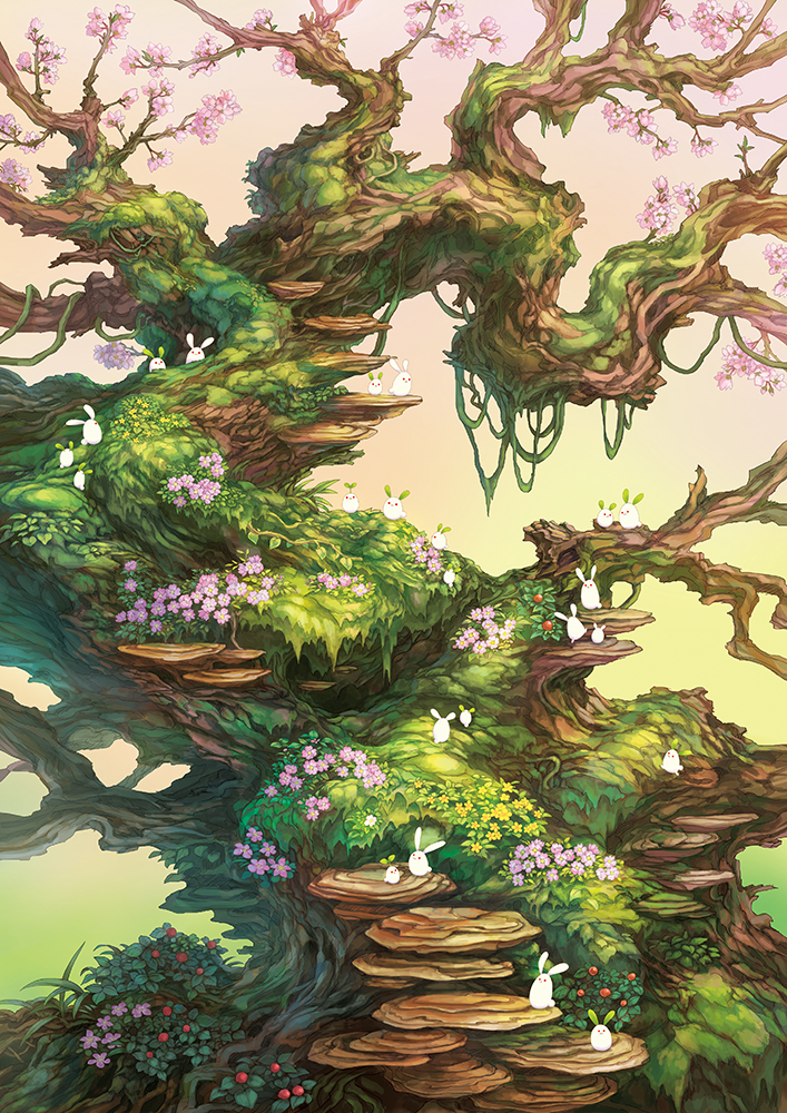 cherry_blossoms flower grass moss nature no_humans original outdoors pink_flower plant plant_roots rabbit scenery too_many tree vines yukoiwase