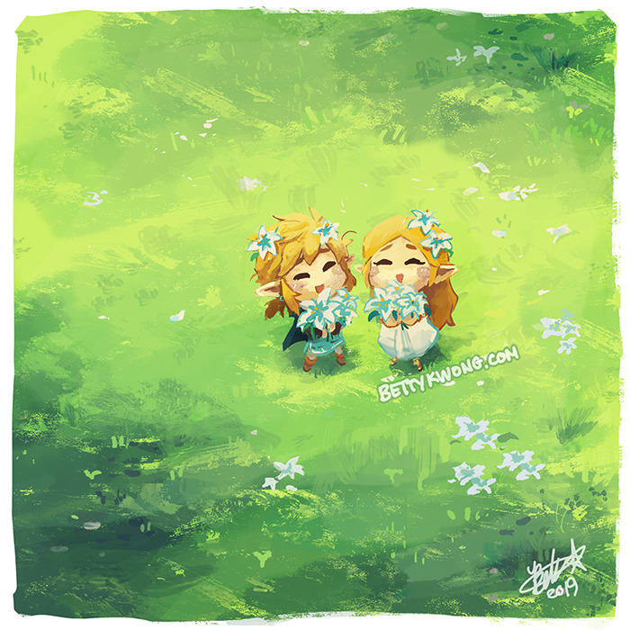 1boy 1girl bettykwong blonde_hair blue_shirt chibi dress closed_eyes grass link nintendo pointy_ears princess_zelda shirt silent_princess smile the_legend_of_zelda the_legend_of_zelda:_breath_of_the_wild watermark web_address white_dress