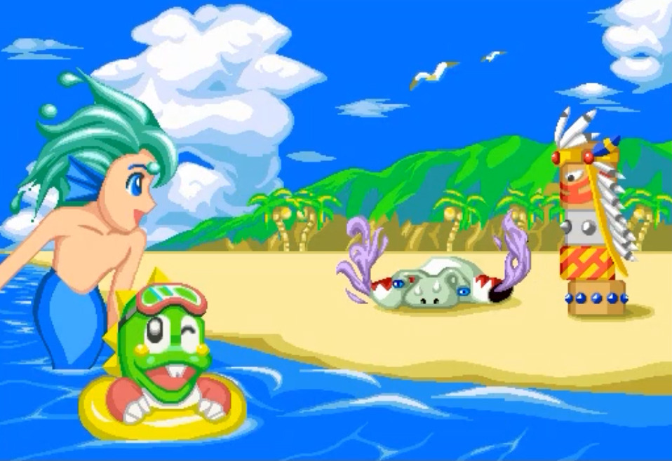 bird bramb_(puzzle_bobble) bub_(bubble_bobble) bubble_bobble cloud innertube marino_(puzzle_bobble) merman monster_boy palm_tree puzzle_bobble seagull swim_ring taito tam_tam_(puzzle_bobble) totem tree