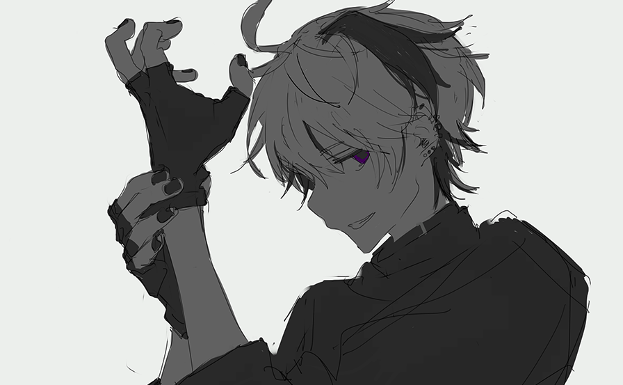 1girl ahoge androgynous black_collar black_gloves black_hair black_nails black_sweater collar ear_piercing earrings fingerless_gloves flower_(vocaloid) flower_(vocaloid4) from_side gloves grin hand_on_own_wrist hands_up hirota_tsuu jewelry looking_at_viewer looking_to_the_side piercing profile purple_eyes short_hair simple_background smile solo stud_earrings sweater upper_body vocaloid white_background white_hair