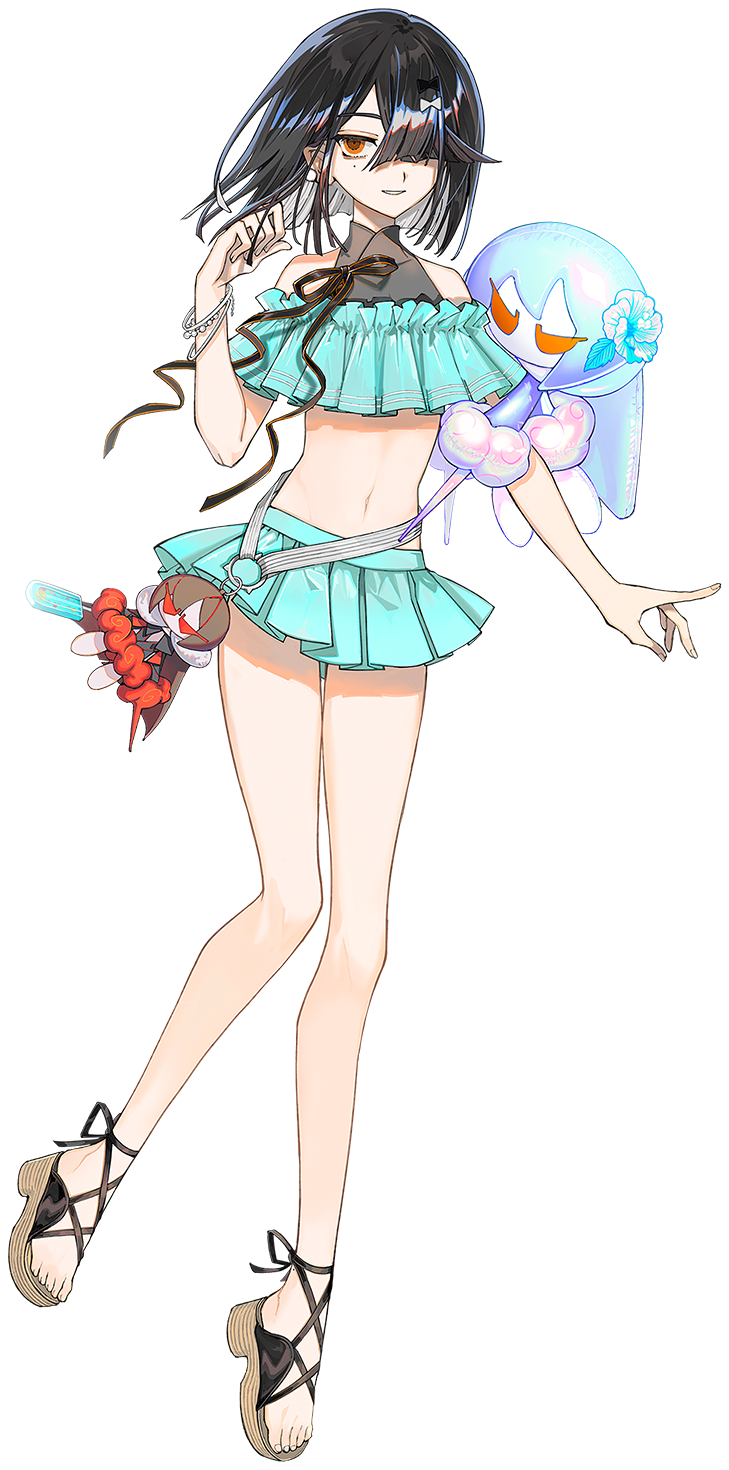 1girl aqua_bikini aqua_skirt bare_shoulders bikini black_hair breasts brown_eyes character_doll doll endo_(takolegs) fate/grand_order fate_(series) full_body game_cg hair_over_one_eye highres looking_at_viewer miniskirt mole mole_under_eye navel official_art outline platform_sandals sandals short_hair skirt small_breasts smile solo standing standing_on_one_leg swimsuit tachi-e transparent_background white_outline xu_fu_(fate) xu_fu_(swimsuit_avenger)_(second_ascension)_(fate) yu_mei-ren_(fate)