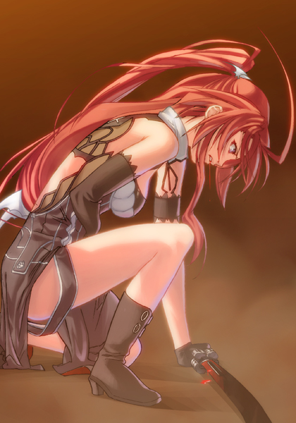 1girl arm_strap asymmetrical_sleeves black_footwear black_gloves breasts brown_background clenched_teeth from_side game_cg gloves holding holding_sword holding_weapon ignis_(jingai_makyou) jingai_makyou long_hair medium_breasts nishii_(damnedrive) official_art on_one_knee ponytail red_eyes red_hair solo sword teeth very_long_hair weapon