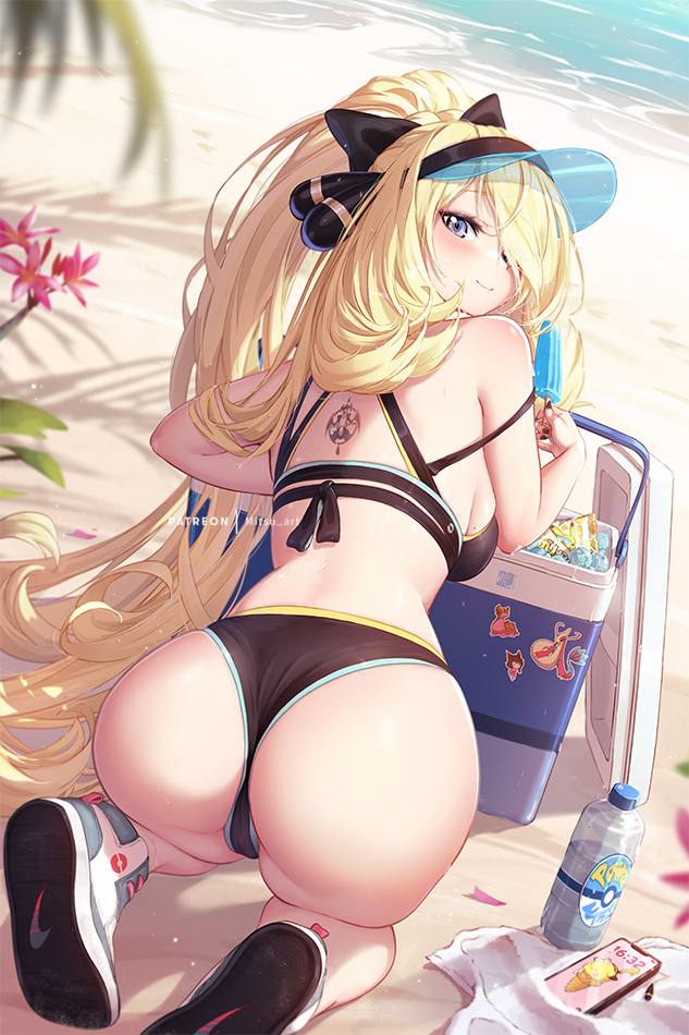 1girl alternate_costume ass back_tattoo beach bikini blonde_hair bottle cellphone character_tattoo cynthia_(pokemon) food from_behind game_freak garchomp gastrodon gen_1_pokemon gen_3_pokemon gen_4_pokemon grey_eyes hair_spread_out holding holding_food holding_popsicle long_hair looking_back milotic mitsu_(mitsu_art) nail_polish nintendo outdoors phone pikachu pokemon pokemon_dppt ponytail popsicle shoe_soles shoes smartphone solo swimsuit tattoo tree very_long_hair water water_bottle