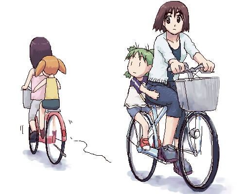 4girls ayase_fuuka azumanga_daiou bicycle child creator_connection crossover emoncake. kasuga_ayumu koiwai_yotsuba lowres mihama_chiyo multiple_girls multiple_riders quad_tails riding short_twintails simple_background thick_eyebrows twintails white_background yotsubato! |_|