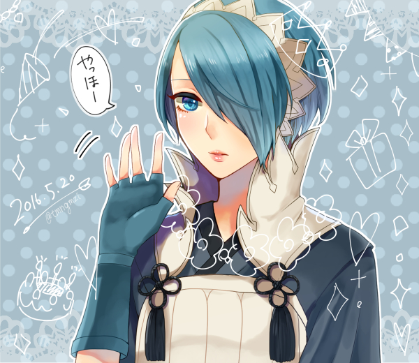 1girl ayaca blue_eyes blue_hair female_focus fingerless_gloves fire_emblem fire_emblem_fates flower gloves hair_over_one_eye hairband heart nintendo portrait setsuna_(fire_emblem) solo sparkle