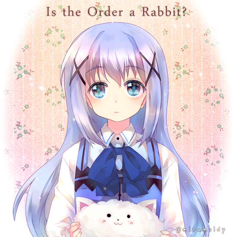 1girl :3 angora_rabbit animal blue_eyes blue_hair blue_neckwear blue_vest bow bowtie buttons closed_mouth collared_shirt commentary copyright_name expressionless flat_chest gochuumon_wa_usagi_desu_ka? gradient_background hair_ornament hairclip holding holding_animal kafuu_chino light_blue_hair long_hair long_sleeves looking_at_viewer rabbit rabbit_house_uniform shirt sidelocks tachiuo_(arines) tippy_(gochiusa) twitter_username upper_body vest white_shirt wing_collar x_hair_ornament