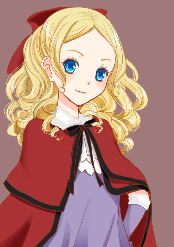1girl blonde_hair blue_eyes bow cape closed_mouth curly_hair dress gloves hair_bow inumori_sayaka jelanda long_hair looking_at_viewer purple_dress purple_gloves red_bow red_cape ribbon simple_background smile solo valkyrie_profile_(series)