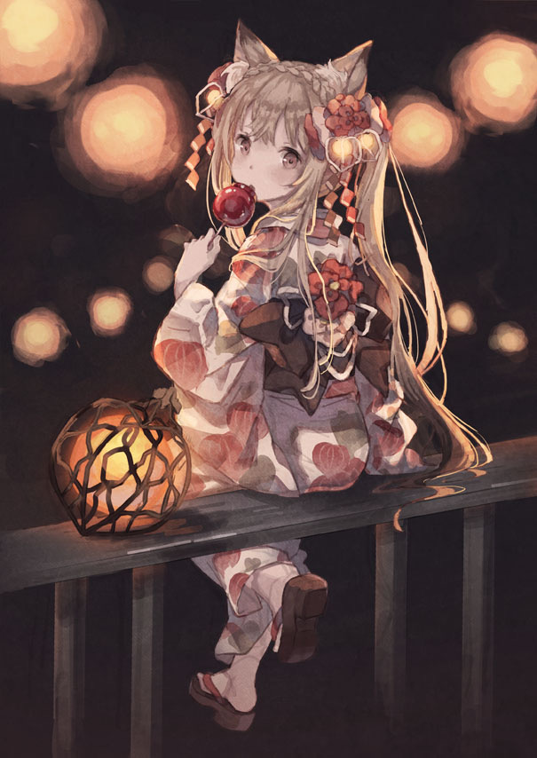 1girl animal_ears arm_at_side back_bow black_bow black_footwear blush bow brown_eyes brown_hair candy_apple cat_ears cat_girl commentary_request female_focus flower food from_behind full_body geta hair_flower hair_ornament holding holding_food japanese_clothes kimono lantern long_sleeves looking_at_viewer looking_back obi on_railing original oro_ponzu parted_lips print_kimono railing red_flower sash sitting solo twintails white_kimono white_legwear wide_sleeves yukata