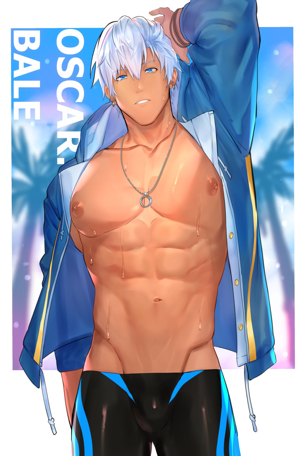 1boy abs black_male_swimwear blue_eyes blue_shirt bulge character_name earrings helios_rising_heroes highres hoop_earrings jewelry long_sleeves male_focus male_swimwear muscular muscular_male navel nipples open_clothes open_shirt oscar_bale shirt smile solo stomach teeth white_hair zhineart