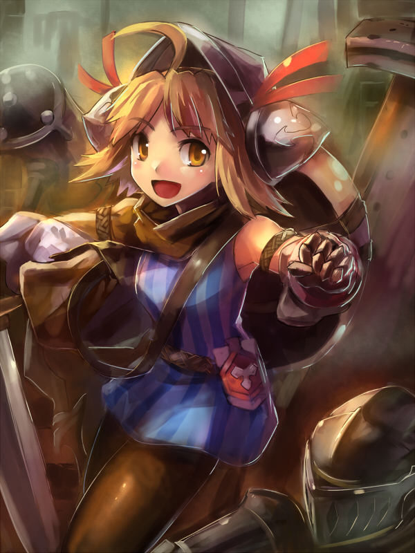 1girl :d ahoge armlet armor armored_dress blush brown_pantyhose dress edobox female_focus gloves grand_knights_history helmet jewelry open_mouth pantyhose shirt short_hair sleeveless sleeveless_shirt smile solo striped_clothes striped_shirt yellow_eyes