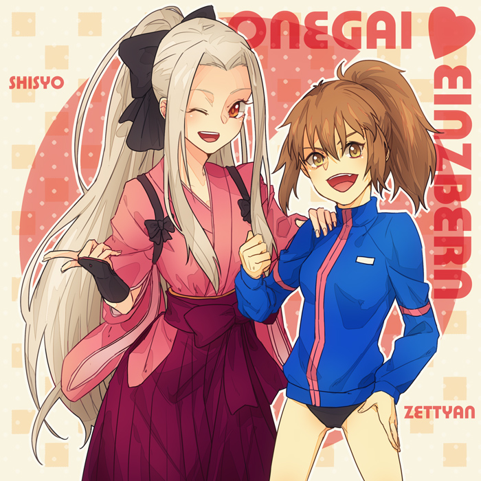 2girls aged_down alternate_hairstyle bad_id bad_pixiv_id bow brown_eyes brown_hair buruma fate/zero fate_(series) fujimura_taiga hair_bow instructor_iri irisviel_von_einzbern jacket japanese_clothes kimono long_hair mmm_(xbit) multiple_girls official_alternate_costume one_eye_closed ponytail red_eyes student_no._0 track_jacket white_hair wink