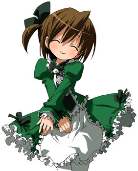 1girl 2channel ^_^ apron bad_source brown_hair closed_eyes closed_mouth commentary_request cowboy_shot dress dress_ribbon frilled_apron frills green_dress green_ribbon hair_ribbon juliet_sleeves legs_together long_sleeves lowres maso_(ascii_art) no_nose one_side_up pantyhose petticoat product_girl puffy_sleeves ribbon ribbon-trimmed_dress ribbon-trimmed_sleeves ribbon_trim short_hair simple_background sleeve_ribbon smile solo standing waist_apron white_apron white_background white_pantyhose