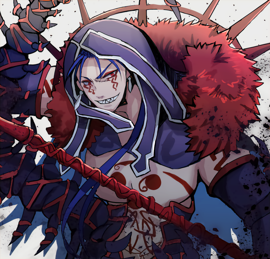 1boy black_gloves blue_hair chest_tattoo cu_chulainn_(fate) cu_chulainn_(fate/stay_night) cu_chulainn_alter_(fate) cu_chulainn_alter_(fate/grand_order) cu_chulainn_alter_(third_ascension)_(fate) earrings elbow_gloves facepaint facial_mark fate/grand_order fate_(series) gae_bolg_(fate) gloves grin hair_over_shoulder hair_strand jewelry long_hair male_focus mitsudomoe_(shape) monster_boy navel ponytail red_eyes sharp_teeth smile solo spiked_tail tail tattoo teeth tomoe_(symbol) upper_body yoidori_(yoitor1)