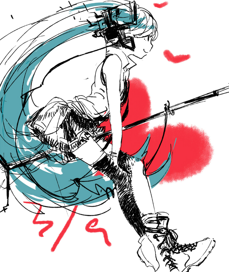 1girl blue_hair boots closed_mouth collared_shirt from_side hatsune_miku heart long_hair looking_ahead microphone_stand mitosa pleated_skirt shirt sketch skirt sleeveless sleeveless_shirt smile solo thighhighs twintails very_long_hair vocaloid white_background