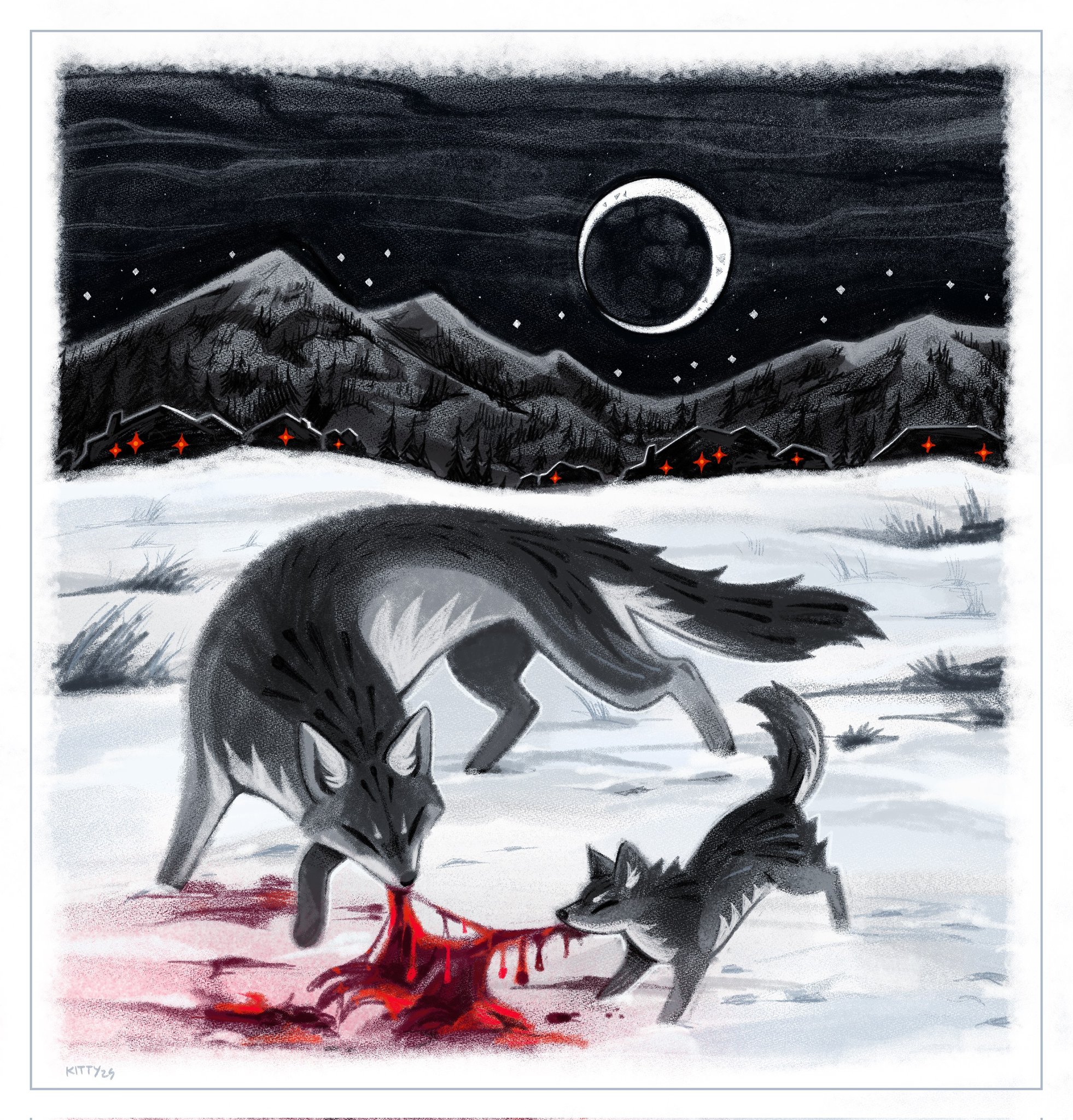 2others blood blood_on_snow body_fur bone border commentary crescent_moon dated eating english_commentary entrails fox highres kitty_(fernwhisker) moon mountainous_horizon multiple_others night night_sky organs original red_light signature sky snow star_(sky) white_border winter wolf