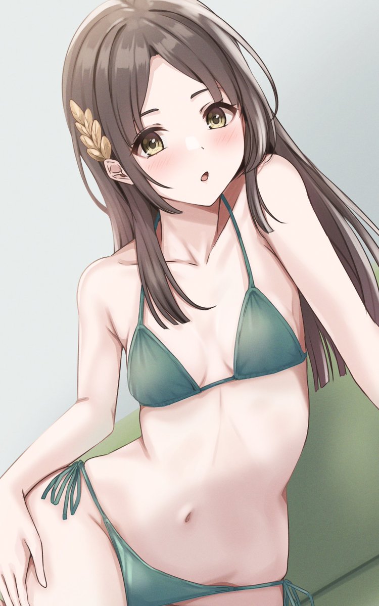 bikini blush breasts brown_hair couch gakuen_idolmaster green_bikini grey_background hair_ornament hand_on_own_hip idolmaster kuramoto_china leaf_hair_ornament leaning_to_the_side long_hair midriff navel oak_leaf on_couch open_mouth parted_bangs side-tie_bikini_bottom simple_background small_breasts swimsuit wide_hips yellow_eyes yuzuyu_(hyui)