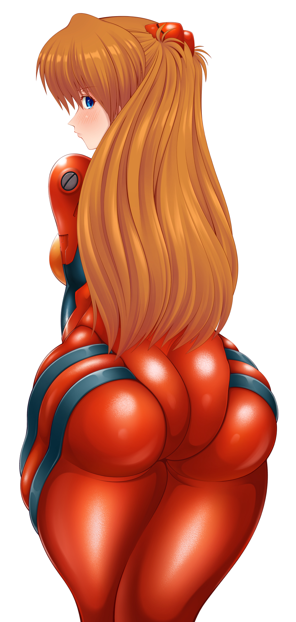 1girl ass ass_focus blue_eyes blush bodysuit breasts brown_hair butt_crack curvy embarrassed from_behind highres huge_ass legs_together lips long_hair looking_at_viewer looking_back mecha_pilot_suit medium_breasts neon_genesis_evangelion pixiv1478062 plugsuit_(evangelion) red_bodysuit shiny_clothes simple_background skin_tight skindentation solo souryuu_asuka_langley tsundere white_background