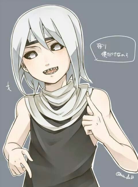 black_shirt edo_tensei forehead_protector hoozuki_mangetsu japanese_text looking_at_viewer male_focus naruto_(series) naruto_shippuuden pointing pointing_down pointing_up shirt short_hair sleeveless sleeveless_shirt smile solo spiked_hair translated white_hair