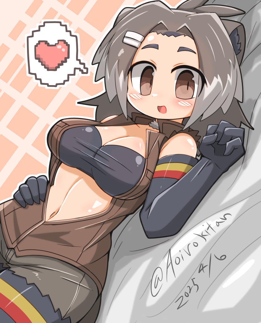 1girl american_beaver_(kemono_friends) animal_ears arm_rest beaver_ears bike_shorts black_bra black_gloves black_shorts bra breasts brown_eyes brown_vest choker dated dutch_angle elbow_gloves fur_choker gloves grey_hair grey_shorts hand_on_own_hip heart kemono_friends long_hair looking_at_viewer lying medium_breasts multicolored_hair navel on_back open_mouth short_shorts shorts shorts_under_shorts smile solo spoken_heart stomach twitter_username underwear vest wirou