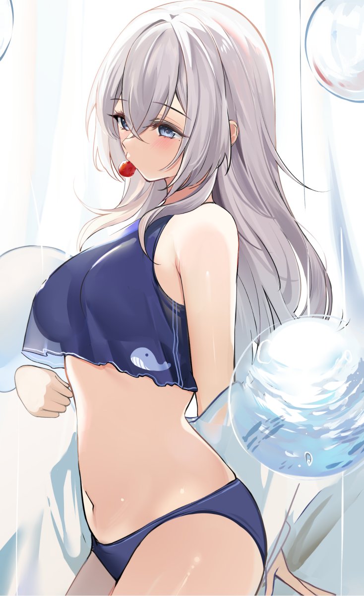 1girl animal_print bare_arms bare_shoulders blue_eyes blue_panties blue_shirt blush breasts cowboy_shot crop_top crop_top_overhang fish_print food fruit highres holding large_breasts long_hair looking_at_viewer midriff mole mole_under_eye mouth_hold navel no_pants original panties redrawn ry_thae shirt sleeveless sleeveless_shirt solo standing strawberry underwear whale_print white_hair